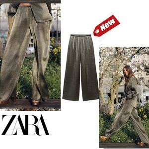 Zara khaki green aged gold wrinkle effect wide leg pull on pants Sz S NWT